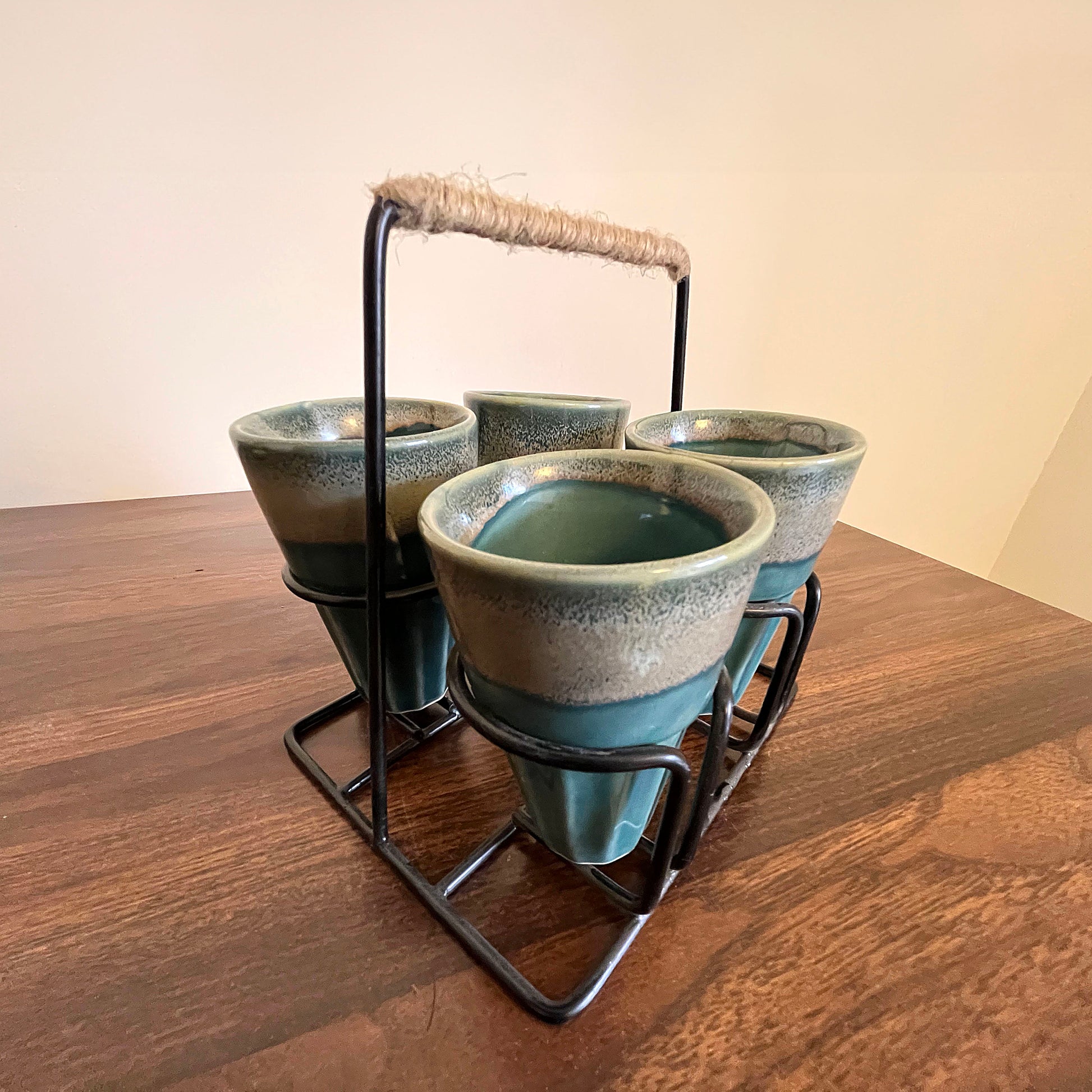 Ceramic Green & Beige Tea Cups with stand