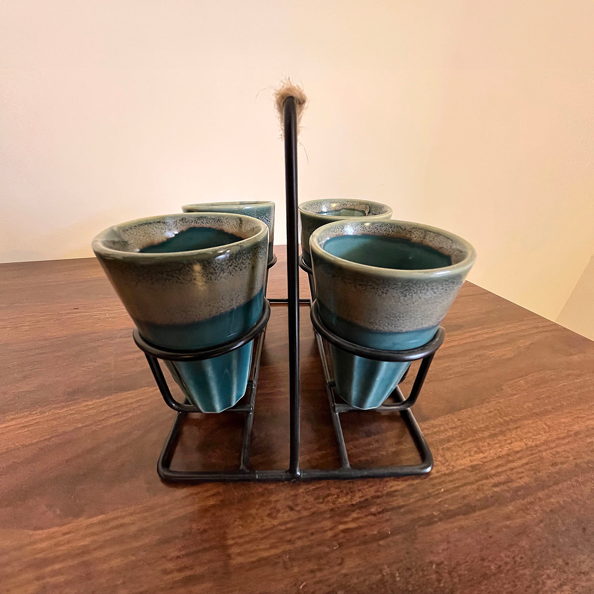 Ceramic Green & Beige Tea Cups with stand